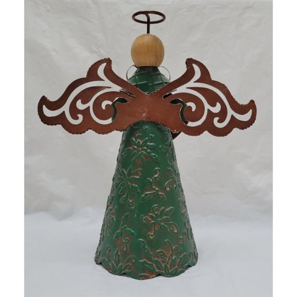 Metal Tin Angel (no face) Tree Topper Decor Wings, Instrument and Green Dress - Picture 4 of 8